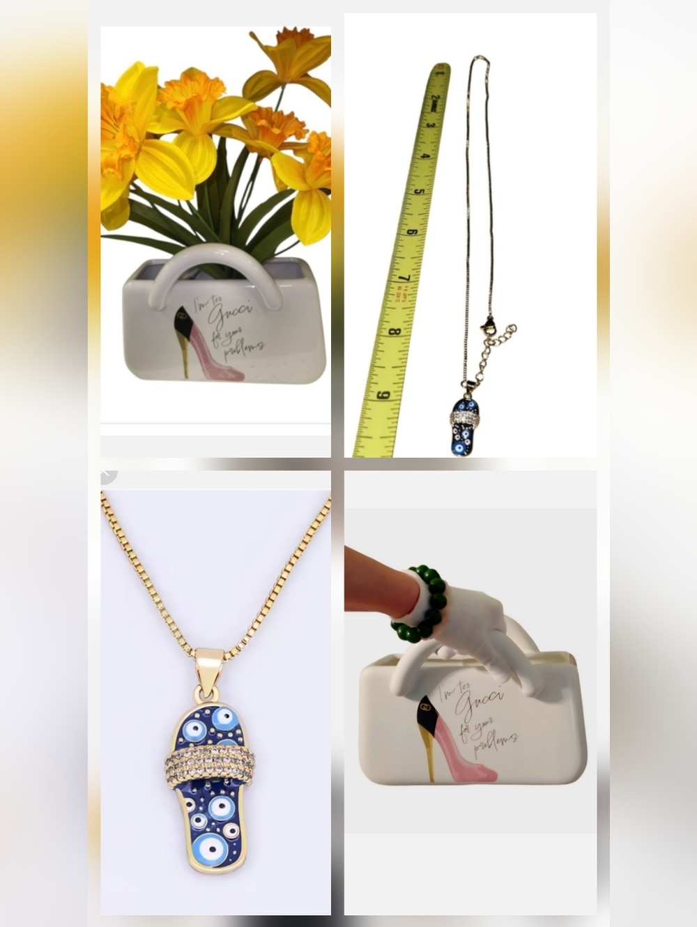 NEW  Bundle CZ Gold Plated Lucky Evil Eye Necklace & Ceramic G Vase
